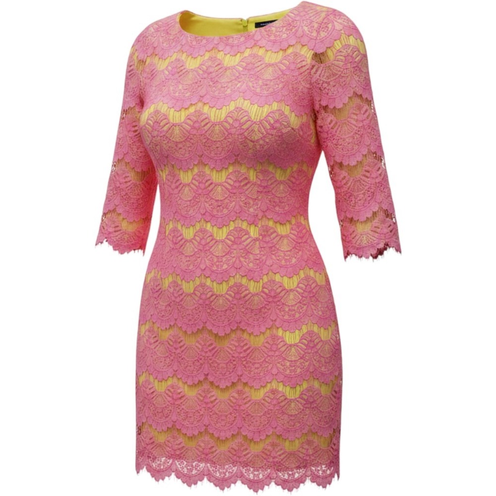 French Connection Pink Lace Neon Yellow Mini Sheath Dress 3/4 Sleeve Size 6